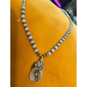 Vintage Art Deco Moonstone Glass beaded Pendant necklace w Ormolu details 17”-21